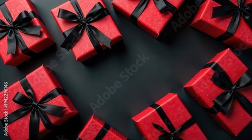 A rich collection of vividly wrapped gifts, adorned with elegant black ribbons, arranged thoughtfully on a deep, dark background