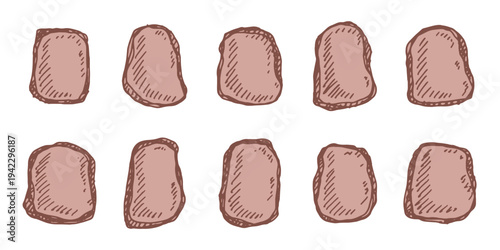 Hand drawn rocks and stones Rock fragments, boulders, building material Coastal pebbles, gravel, minerals, cobblestones, geological formations For game environment, landscape illustration, design