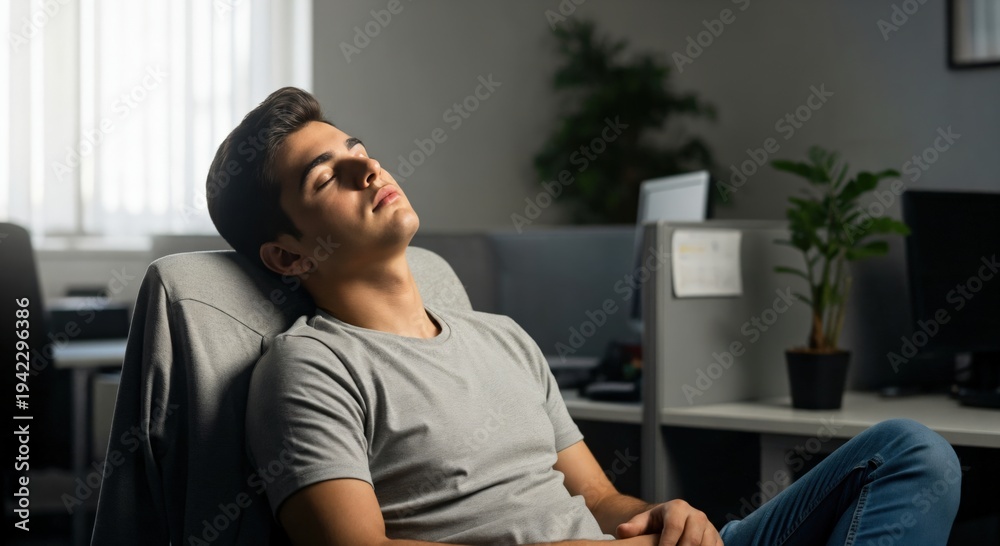Fototapeta premium Young Gen Z male employee taking a power nap in an office chair for mental wellness and rest