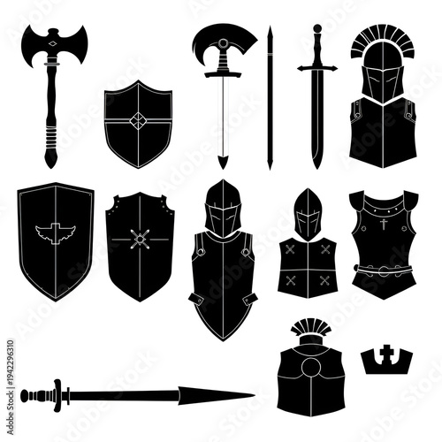 Flat design close up medieval armor and weapon icon set showing axe sword shield helmet breastplate pauldrons chest armor and crest in black silhouette arranged grid