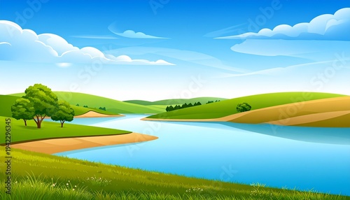 Serene Landscape with River and Rolling Hills.