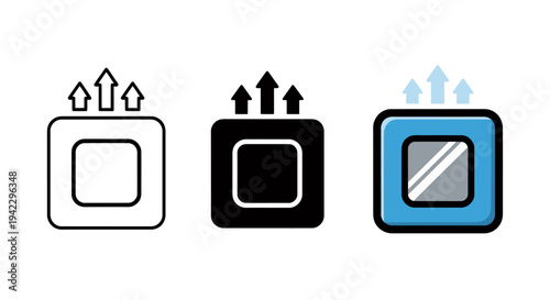 Set of three elevator button icons with arrows and square framed designs.
