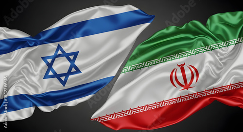 The national flags of Israel and Iran gracefully displayed, representing the intricate geopolitical situation and the delicate balance of power in the Middle East