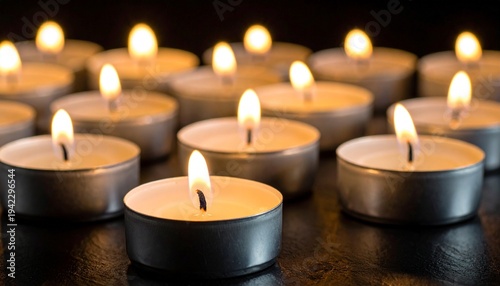 Lit Tea Lights on Dark Surface.