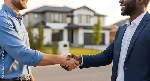 Two businessmen shaking hands in front of modern house