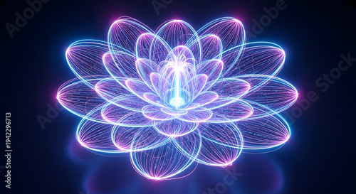 Vibrant abstract neon lotus flower radiating spiritual energy and digital glow, symbolizing enlightenment and inner peace in a futuristic light art display