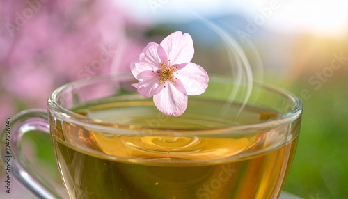 Steaming Tea with Cherry Blossom Petal.