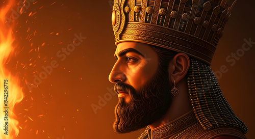 Portrait of a majestic ancient ruler, a king with a golden crown, his gaze fixed on a fiery destiny, symbolizing timeless power, leadership, and legacy