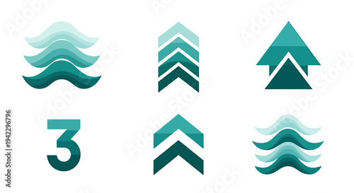 Set of teal wave and chevron logo icons for branding and graphic design.