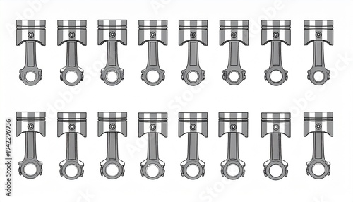 Pistons Arranged in Two Rows on White Background.