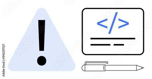 Programming issues, digital troubleshooting, cybersecurity, web development, software debugging, user interface design. Exclamation mark with code and a pen. Programming issues and digital