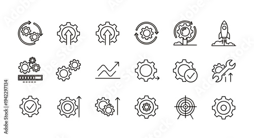 Collection of line art gear icons featuring mechanical symbols and circular motifs for design projects and technology themes.
