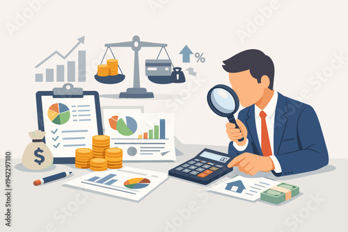 Professional Accountant Analyzing Budget Planning and Income Management with Magnifying Glass and Calculator. Investment Balance Sheet, Debt Calculation, Expense Report, and Savings Strategy.