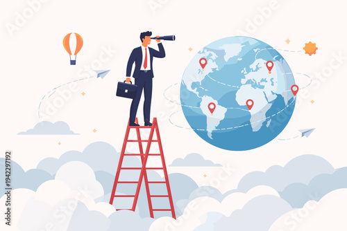Business Vision and Global Expansion Concept with Businessman Standing on Top of Ladder Above Clouds Looking Through Telescope at Earth Globe with Location Pins for International Market Strategy