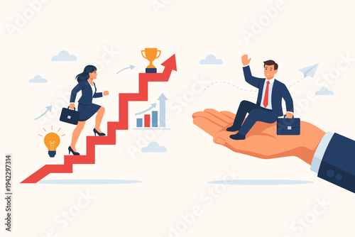 Gender Inequality in Workplace Concept with Businesswoman Climbing Career Ladder While Businessman is Carried by Giant Hand Vector Illustration of Privilege, Hard Work versus Easy Success