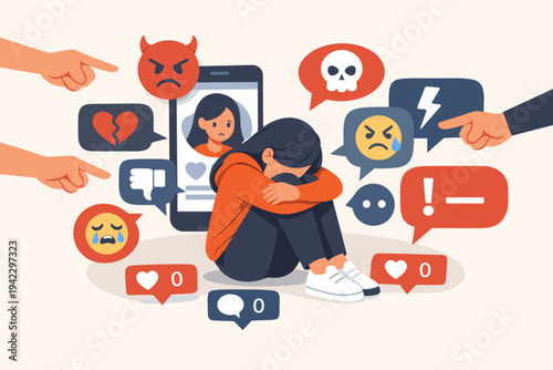 Cyberbullying and Online Harassment Concept with a Sad Girl Sitting Alone Surrounded by Negative Social Media Icons, Hate Speech, and Pointing Fingers in a Flat Vector Illustration Style.