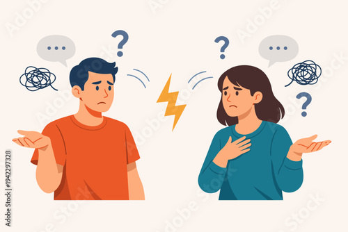 Flat Vector Illustration of a Man and Woman Experiencing Miscommunication and Conflict in a Relationship with Question Marks and Lightning Symbols Representing Confusion and Stressful Talk.