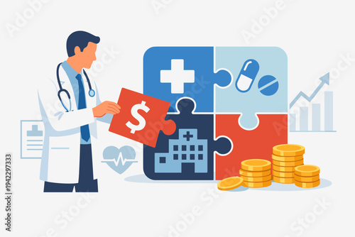 Doctor fitting a dollar sign puzzle piece into a medical puzzle with hospital and pill icons, symbolizing healthcare costs, medical insurance, financial management, and expensive treatments.
