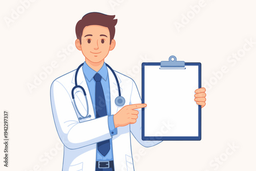 Friendly young male doctor in white lab coat and stethoscope holding a blank clipboard and pointing at it. Professional medical practitioner presenting empty document for health information.