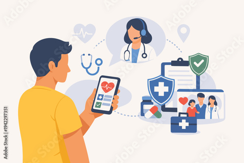 Man using smartphone for online doctor consultation and telehealth services. Vector illustration of digital health app, medical insurance, telemedicine, healthcare icons, and family medical care.