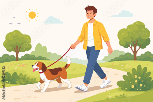Happy young man walking his beagle dog on a leash in a sunny park. Flat vector illustration of a person enjoying a walk with a pet outdoors on a beautiful summer day with green trees and sun.