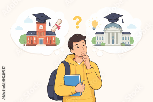 Vector Illustration of a Young Student Thinking of Postgraduate Education and Deciding on College or University, Choosing Academic Path for Future Career with Thought Bubbles and Symbols.