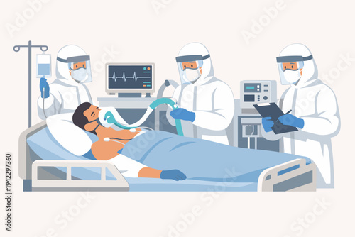 Medical Team in Protective PPE Suits Treating a Sick Patient in ICU Hospital Ward; Doctors in Hazmat Suits and Face Shields Caring for a Man on a Ventilator; Flat Vector Illustration Design