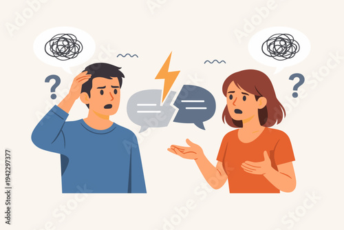 Flat vector illustration of a confused man and woman having a difficult conversation with broken speech bubbles and lightning bolt, depicting miscommunication, relationship conflict and stress.