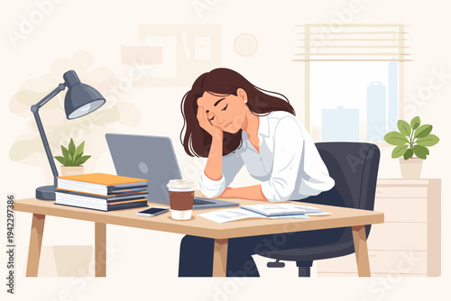 Exhausted business woman sitting at her office desk with a laptop, coffee, and books, feeling tired, stressed, and depressed. Flat vector illustration of burnout, fatigue, and mental health.