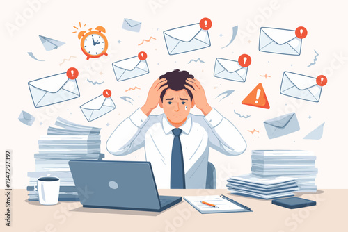 Overwhelmed Businessman Sitting at Desk with Laptop and Stacks of Paper Feeling Stressed by Many Unread Emails and Tight Deadlines, Flat Vector Illustration of Work Pressure and Burnout Concept.
