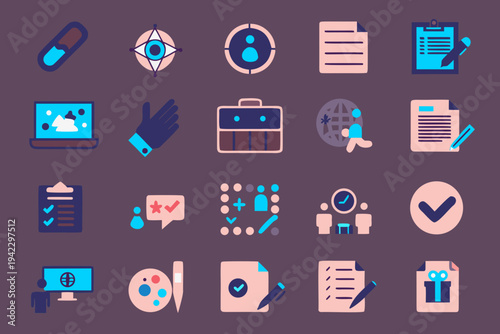 Collection of colorful flat design icons representing various concepts