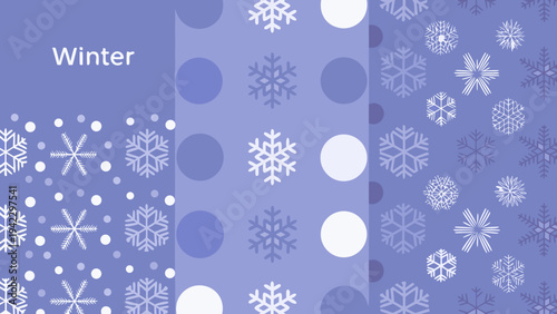 Winter themed pattern with snowflakes and circles in shades of purple