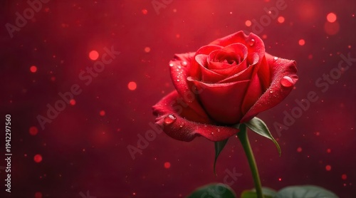 A single vibrant red bloom adorned with morning dew drops glistening against a softly blurred, magical crimson backdrop