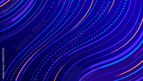 Abstract flowing lines and dots in vibrant blue and orange hues
