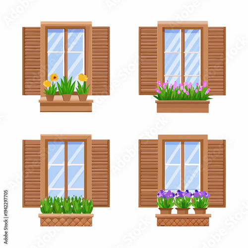 Four windows with flower boxes displaying vibrant spring blooms