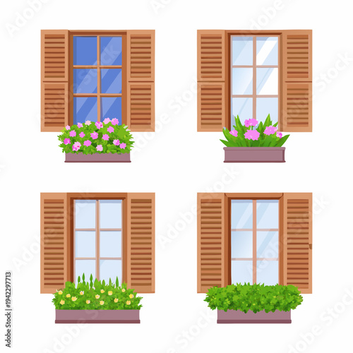 Four windows with wooden shutters and flower boxes on a white wall