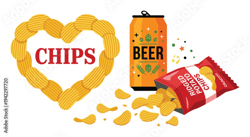 Potato chips heart shape, beer can and opened bag of ridged potato chips