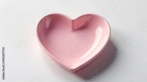 A delicate pink heart shaped dish rests on a softly textured surface with subtle shadows and highlights.