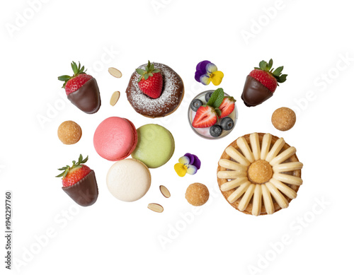 A colorful assortment of sweet treats including macarons, chocolate-covered strawberries, and cookies on transparent background
