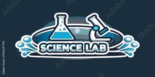 A colorful science lab logo featuring beakers flasks and splashing water