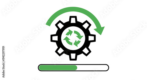 Eco gear recycling symbol with progress bar representing sustainable technology and environmental stewardship.