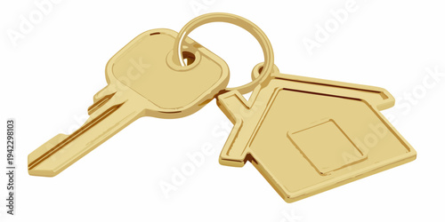 Golden key and house shaped charm hanging on a keyring