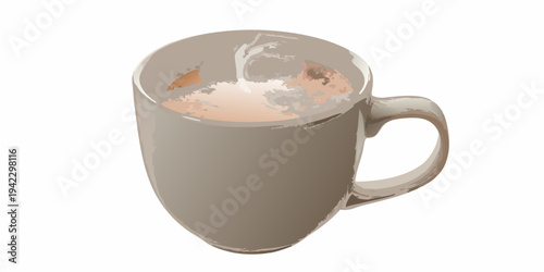 Illustration of a gray mug filled with coffee and creamy foam