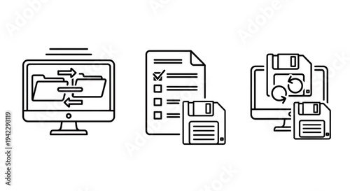 Computer, documents, and printer icons representing workflow and documentation across a digital office scene.