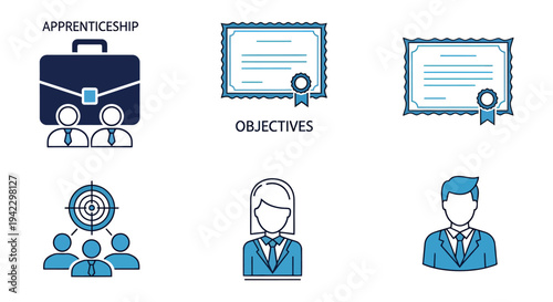 Icon set illustrating apprenticeship, training objectives, certificates, teamwork, and professional development concepts.