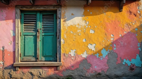 A weathered architectural facade with peeling paint in vibrant hues, featuring rustic wooden shutters and warm sunlight casting shadows