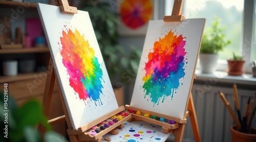An art studio setting showcases two canvases with vibrant, abstract splatters of various colors, inviting creative expression and colorful inspiration