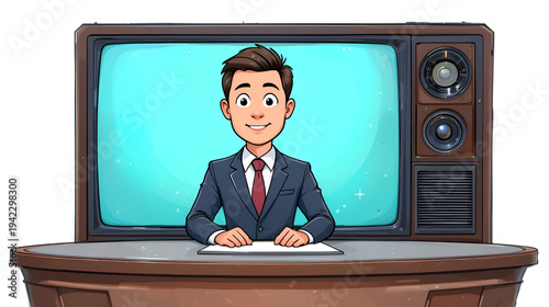 News anchor. Cartoon white male newsreader character is isolated on a white background. Vector illustration. Television concept.