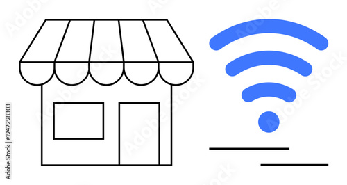 Retail technology, digital connectivity, small business, online services, wireless communication, internet access. A storefront next to a wireless signal icon. Retail technology and digital