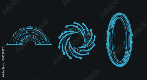 Three Blue Cylindrical Ring Motifs: Abstract Circular Tech Design Elements.